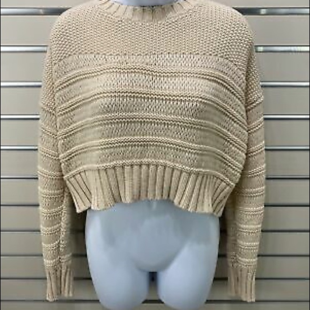 Beige Cropped Mixed Knit Sweater
